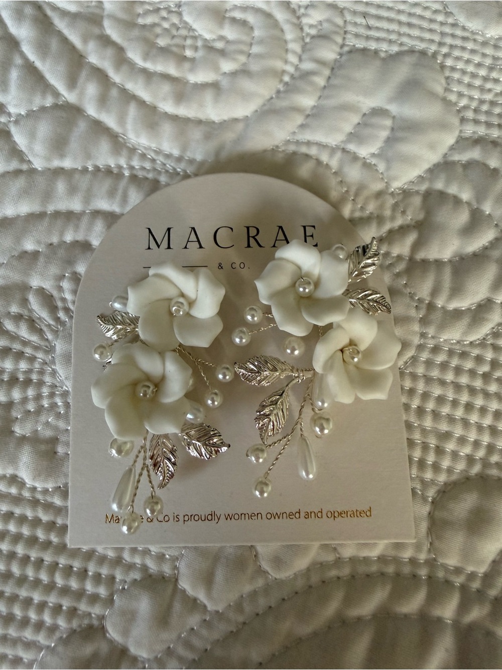 White Floral and Pearl Silver Earrings